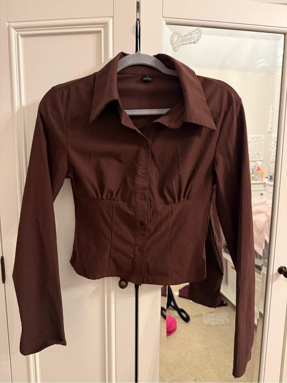 SHEIN Chocolate Brown Cropped Button-Down Shirt
